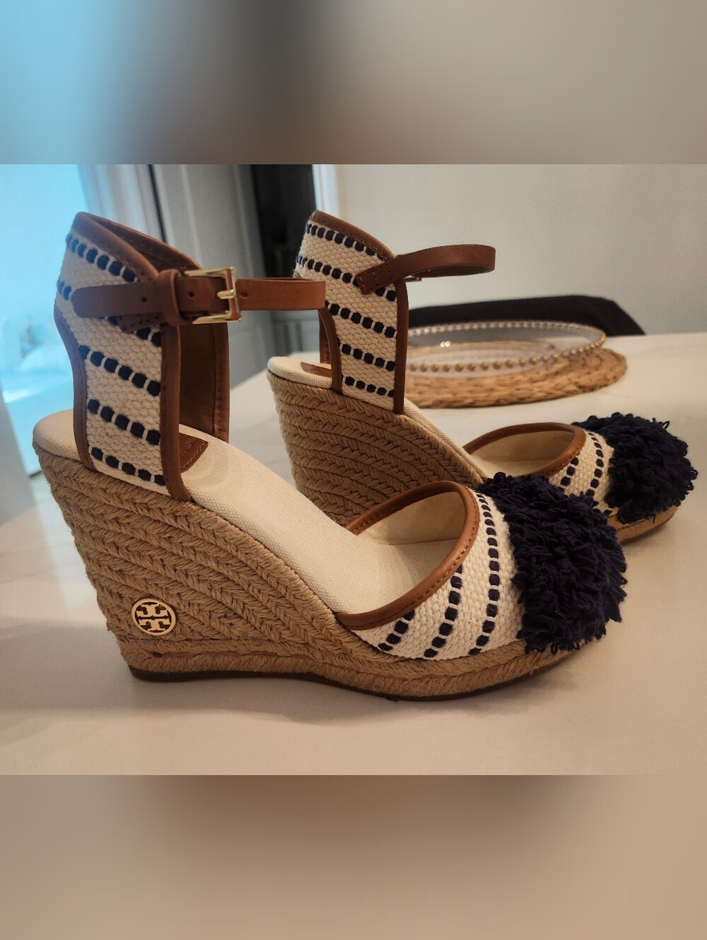 Tory Burch Shaw Espadrille Wedge Sandals  In Navy Sea & Royal Tan Sz 8